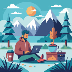Fototapeta premium Man Working on Laptop in Scenic Mountain Landscape
