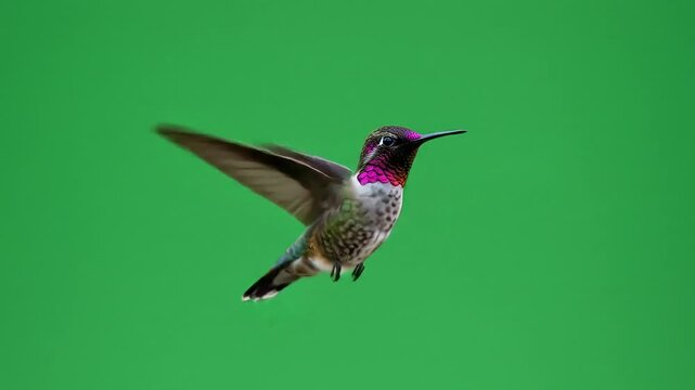 Hummingbird in flight magenta gorget visible against green background Wings blurred from rapid movement