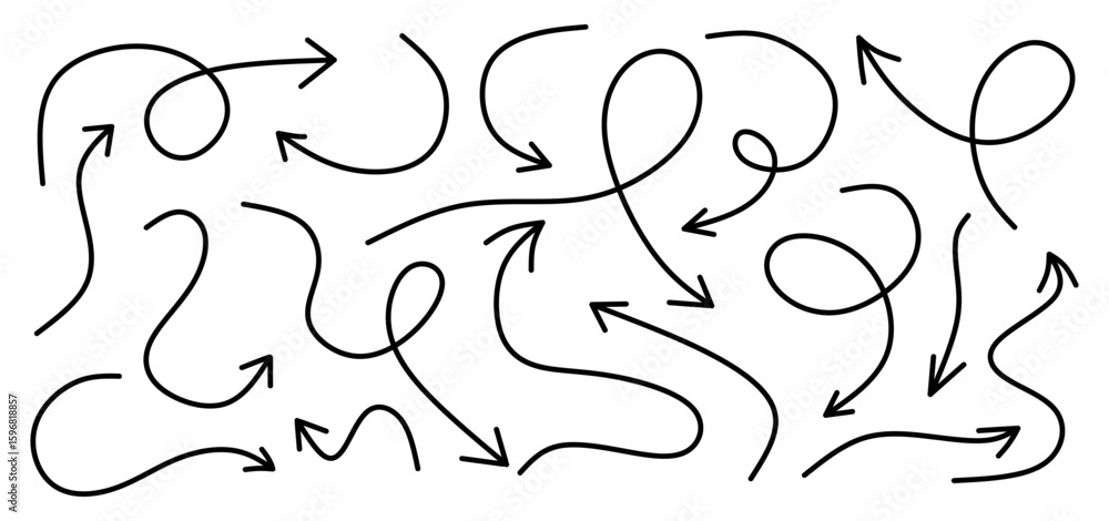 Poster set of simple lines hand drawn black arrow in various directions. doodle style pointer collection. s