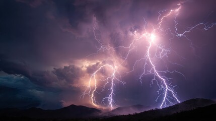 The moment violent lightning strikes in the sky during thunderstorms