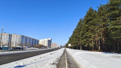 After the snowfall, the ground and tree branches are covered with snow. The roadway of the street has been cleared by public utilities. Nearby buildings, lampposts and parked cars Sunny winter weather