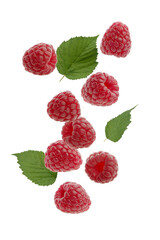 Raspberry with green leaves on white isolated background