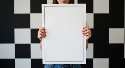 Poster Mockup Style -  He is holding a Mockup style poster, banner image.

