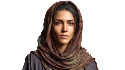 A woman wearing a headscarf and a scarf. Suitable for fashion or cultural themes