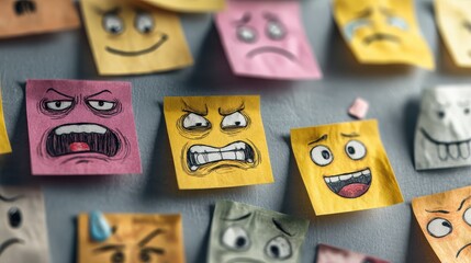 Various emotions and moods concept illustrated by handwritten cartoon emoticon faces on sticky notes on a board with copy space image