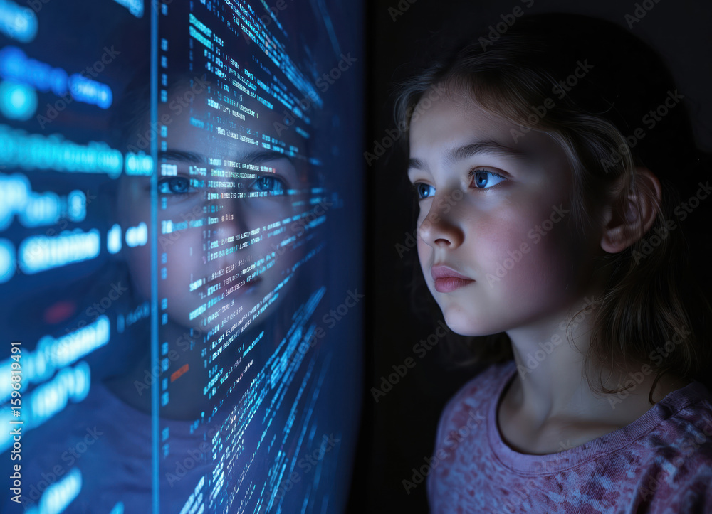 Poster young girl views digital interface on screen in darkened room. face lit by bright display as focuses