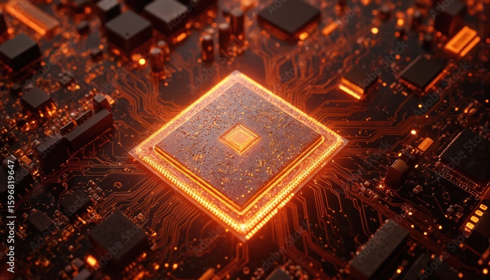 Poster close-up of complex motherboard circuitry with central processor chip. intricate electrical pathways