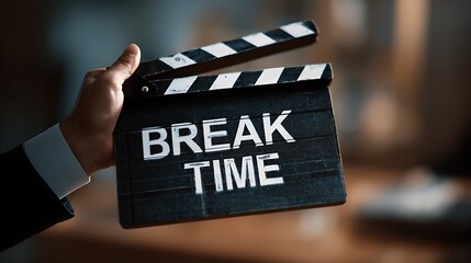 Obraz premium business hand show film clapper with break time word. Relax hour at work .