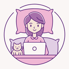 Woman Working on Laptop in Bed with Cat Companion