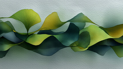 Watercolor background with curled green and blue ribbon shapes on textured paper