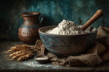 Rustic bowl full of whole wheat flour with wooden scoop and wheat stalks on a wooden table