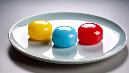 Three shiny, dome-shaped objects in yellow, blue, and red sit symmetrically on a sleek, light grey oval plate. A high-key studio shot with subtle reflections.