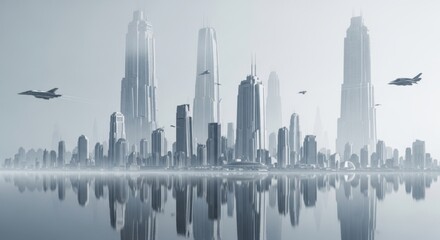 Obraz premium Futuristic cityscape with jets flying over reflective water