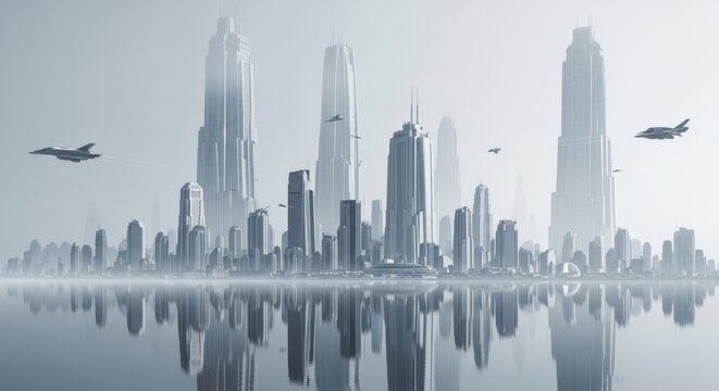 Futuristic cityscape with jets flying over reflective water