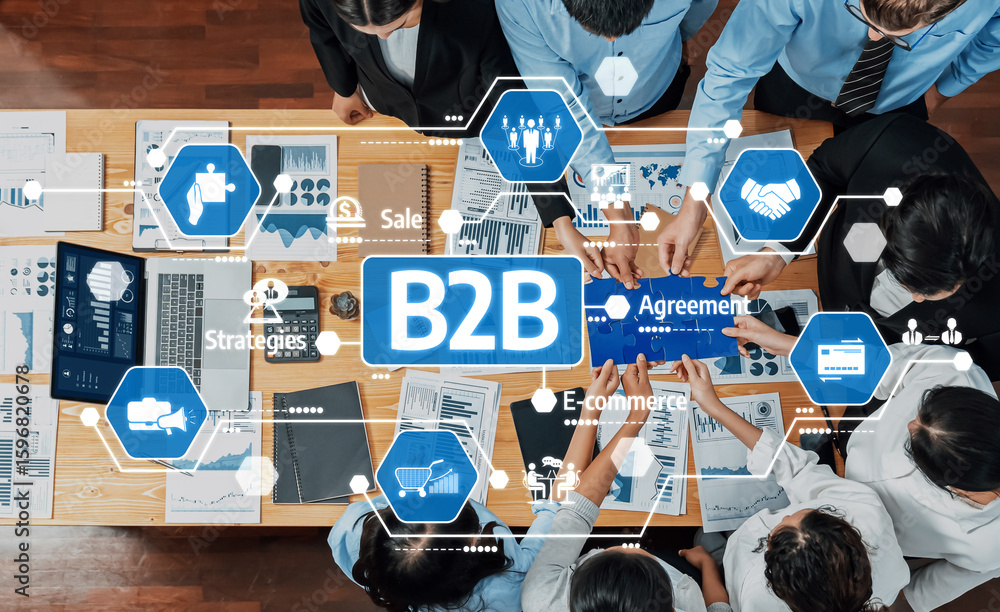 Poster a diverse business team collaborates on b2b strategies at a conference table, exploring agreements a