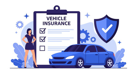 Adobe illustrator vector flat style illustration of vehicle insurance with a woman agent, policy checklist, car, and shield, ideal for automotive protection concepts