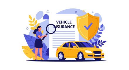Adobe illustrator vector flat style illustration of vehicle insurance policy examination with a woman, car, magnifying glass, and shield, ideal for secure automotive concepts