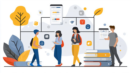 Education management system linking students, courses, and grades, diagram, vector style