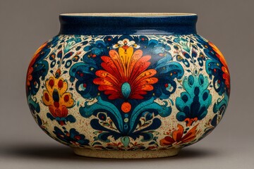 Round ceramic vase showcasing vibrant italian traditional decorations, isolated on a neutral background