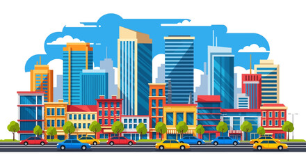 Adobe illustrator vector flat style illustration of a vibrant city skyline with colorful buildings and busy street traffic, ideal for urban life and real estate concepts