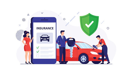 Adobe illustrator vector flat style illustration of car insurance with agents, a smartphone app, and vehicle service, ideal for automotive protection concepts