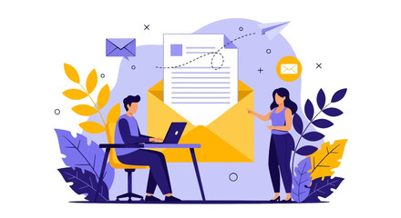 Adobe illustrator vector flat style illustration of people exchanging emails and messages, depicting online communication and digital correspondence concepts