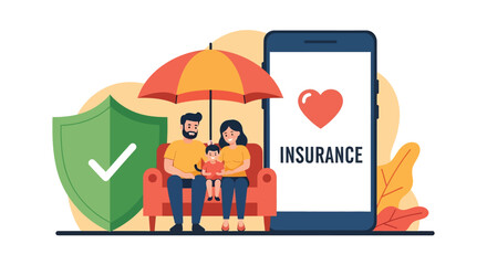 Adobe illustrator vector flat style illustration of a family under an umbrella with a shield and insurance app, representing protection and life insurance concepts