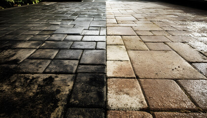 Contrast of clean and dirty patio slabs   -