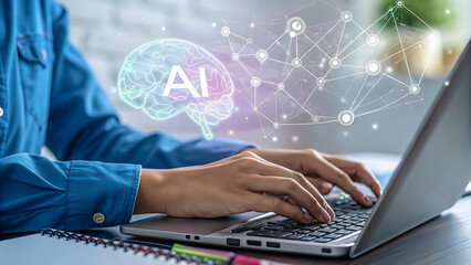 A person is typing on a laptop with an ai brain and network overlay, representing artificial intelligence and technological innovation in the digital age