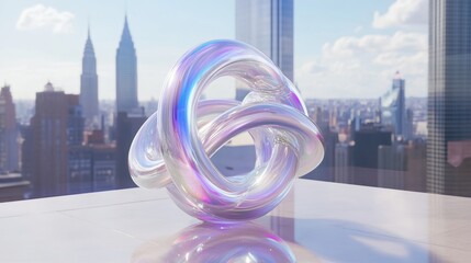 Abstract iridescent knot sculpture atop a city view