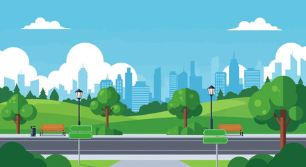 Fototapeta premium Adobe illustrator vector flat style illustration of a long road in a city park leading to skyscrapers, showcasing urban nature and open spaces