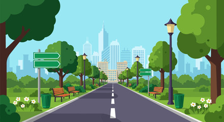 Adobe illustrator vector flat style illustration of a long road in a city park leading to skyscrapers, showcasing urban nature and open spaces © meeblues
