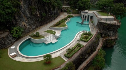 Naklejka premium Elevated view of a modern pool complex nestled within a rocky landscape.