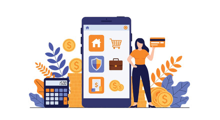 Adobe illustrator vector flat style illustration of a woman managing finances with a mobile app, perfect for banking, budgeting, and online payment concepts