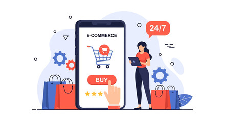 Adobe illustrator vector flat style illustration of a woman online shopping on a smartphone, ideal for e-commerce, mobile apps, and digital retail concepts