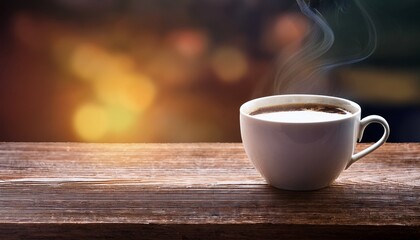 Obraz premium warm cup of coffee on wooden table