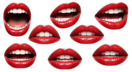 Multiple vibrant red, glossy human lips, some open revealing white teeth, others closed, forming a striking hyper-detailed macro collage against a transparent background, bathed in even studio