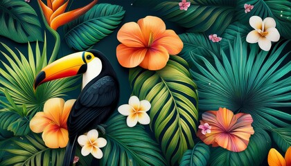 tropical jungle exotic print with toucan parrot leaves and flowers generative ai