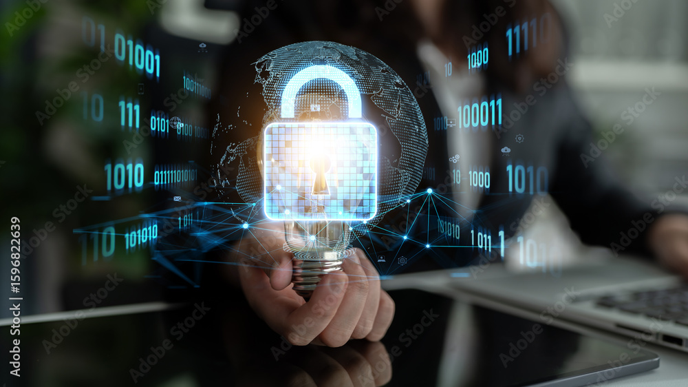 Poster cyber security protects against breaches, hacks, and network attacks using strong infrastructure and
