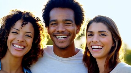 Three smiling friends, two women and one man, are posing together outdoors in bright sunlight.