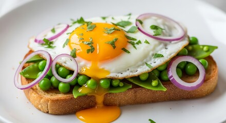 Gourmet Toast with Fried Egg, Peas, and Onion Rings: A Nutritious and Visually Appealing Culinary Delight, Perfect for Breakfast or Brunch.