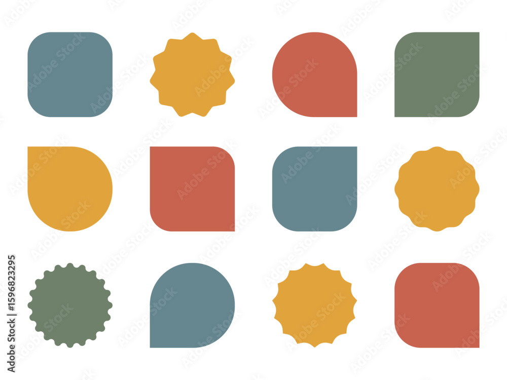 Poster geometric vector label set in retro colors. starburst square circle frames. great for ecommerce, pri