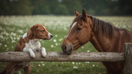 Horse and Dog in a Farm Field Cute Animal Wallpaper