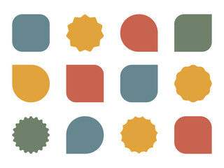 Geometric vector label set in retro colors. Starburst square circle frames. Great for ecommerce, price labels, sale tag, coupon, sticker, product packaging, web UI button, promotional banner, app icon