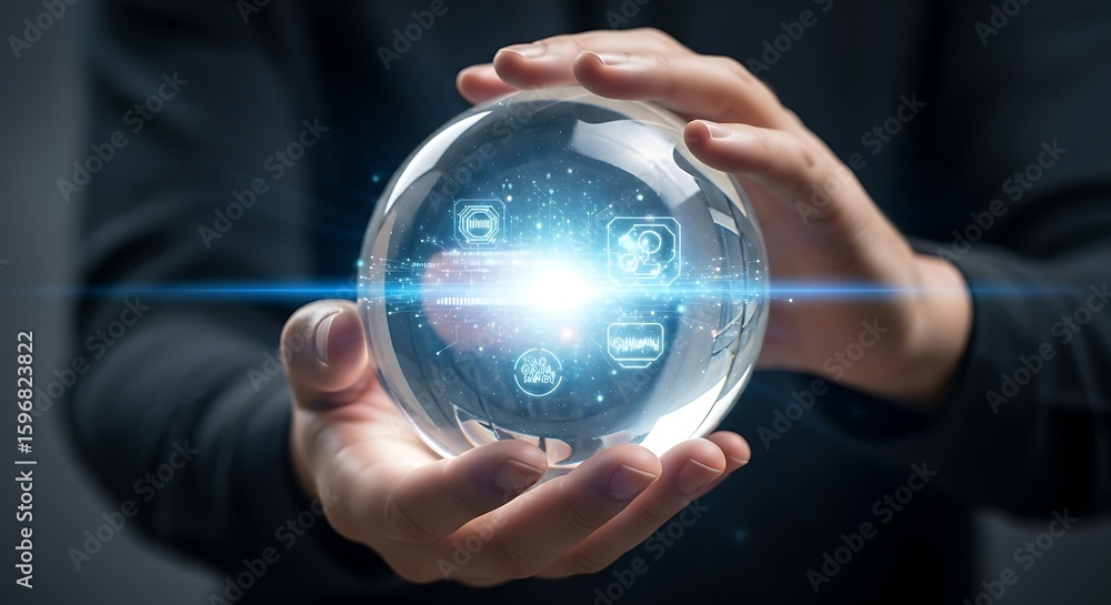 Poster hands holding a glowing orb with digital icons representing future technologies and innovative conne