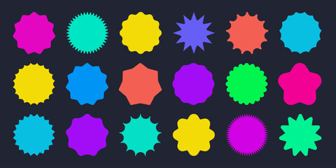 Bright neon vector badge collection. Playful blank seals. Starburst scalloped wavy circle frames isolated on dark background. Great for stickers, product label, promo design, sale tags, marketing ads