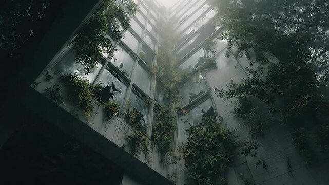 Cinematic shot of a crumbling corporate office tower with shattered glass windows, vines growing through concrete