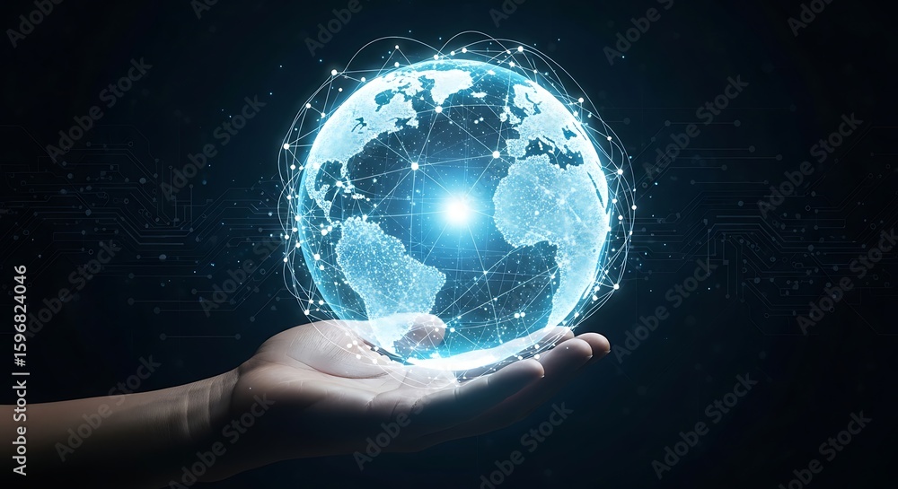Poster human hand holding glowing digital globe with connection lines and circuit board pattern in dark bac