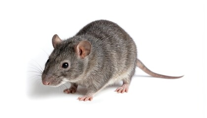 Fototapeta premium Gray rat on all fours with extended front paws and resting back paws on gray surface. Body oriented towards bottom right corner, creating balance. Furry, small, rodent, pest animal.