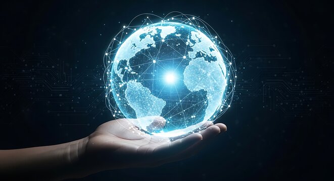 Human Hand Holding Glowing Digital Globe with Connection Lines and Circuit Board Pattern in Dark Background.